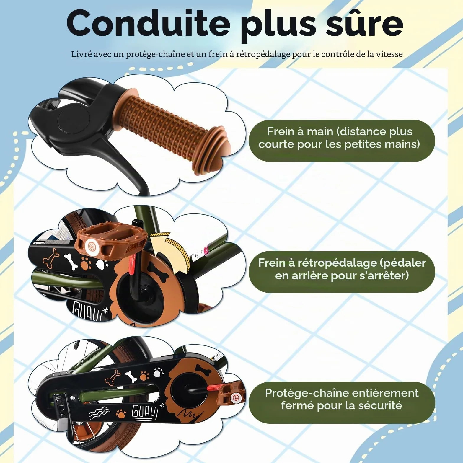 RULLY Vélo enfant 12-16 pouces avec roues stabilisatrices frein à rétropédalage frein à main panier