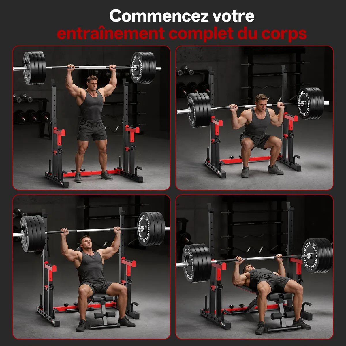 PASYOU Cages de squat,Multi-Fonction Supports de Squat Réglable, Squat Rack Musculation Avec Push up,Fitness Multifonction, Robuste, Noir&Rouge | Support de squat robuste réglable en hauteur, convient pour les squats, développé couché, musculation, 544,3