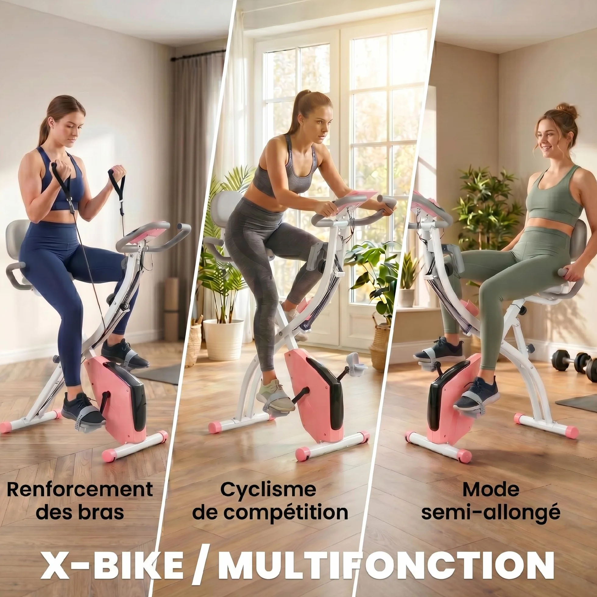 HOMCOM Vélo d'Appartement Pliable 4-en-1 - Ergomètre Magnétique Silencieux avec Cordes de Résistance - Sport Maison et Cardio-training avec Roulettes, Selle Confort et LCD (Max 120kg)