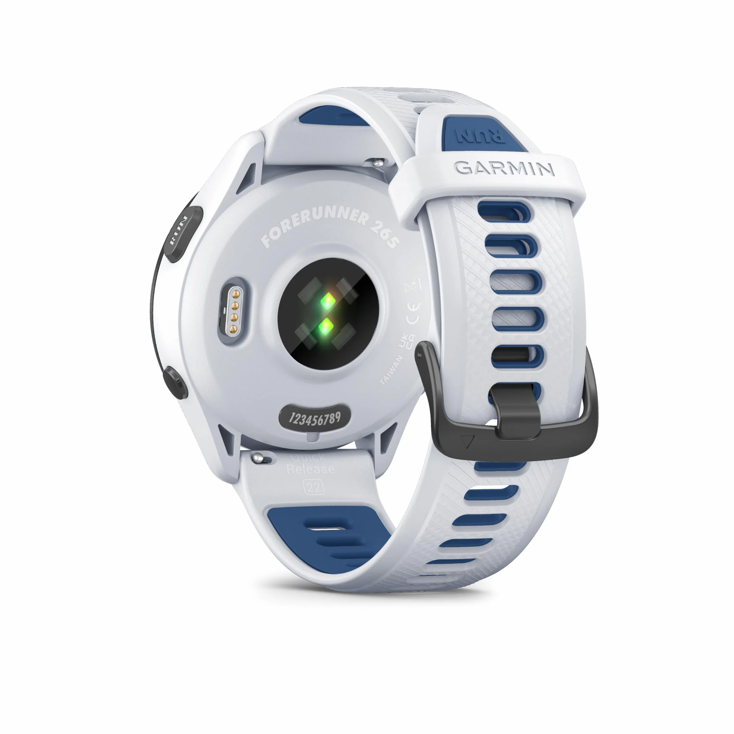 Garmin Forerunner 265 Montre GPS Running Écran AMOLED Blanche Bracelet Silicone Blanc Bleu Boîtier 46 mm