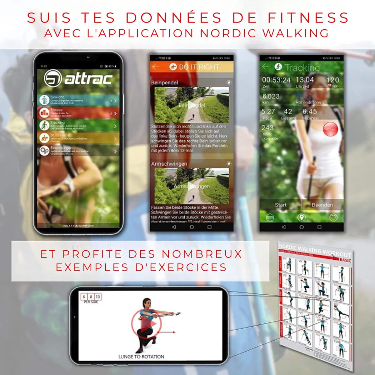 ATTRAC Bâtons de Marche Nordique Ultra légère 99% de Carbone avec dragonnes réglables et détachables - Attention: l'applicationsur Smartphone est appliqué Seulement en Allemagne/Taille (120cm)