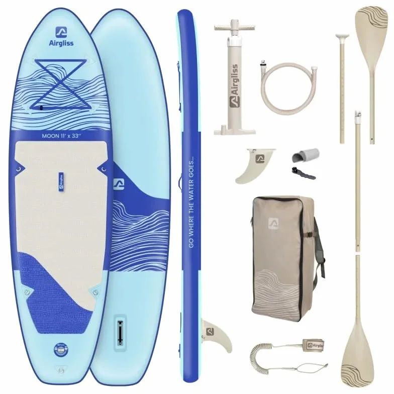 Paddle Gonflable AIRGLISS 11.0 JUSQU'A 2 Personnes (Max. 170kg) | Adulte ET Enfant | Stable ET DE Qualite | Complet avec Tous Les Accessoires : PAGAIE, GONFLEUR, Sac, AILERON, Leash