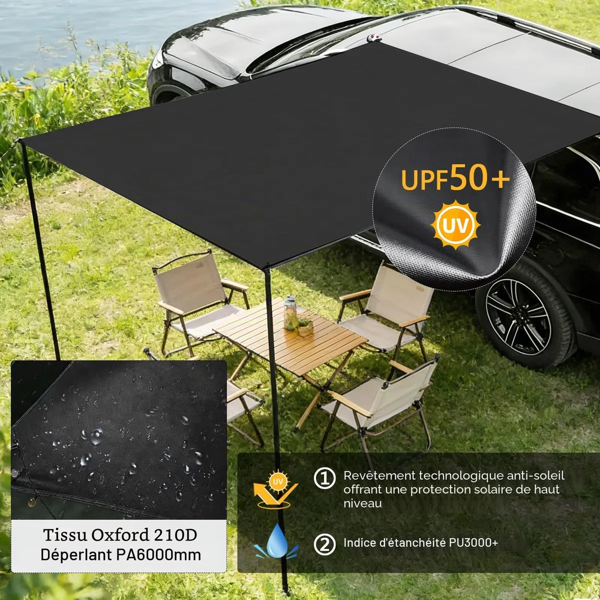 Kit de Auvent Voiture Rétractable, 200x300cm, avec 2 Poteaux, 8 Câbles de Haubanage, 8 Sardines, 2 Ventouses, Sac de Rangement et Sac de Transport, UPF50+, PU3000+, pour Aventures (Noir)
