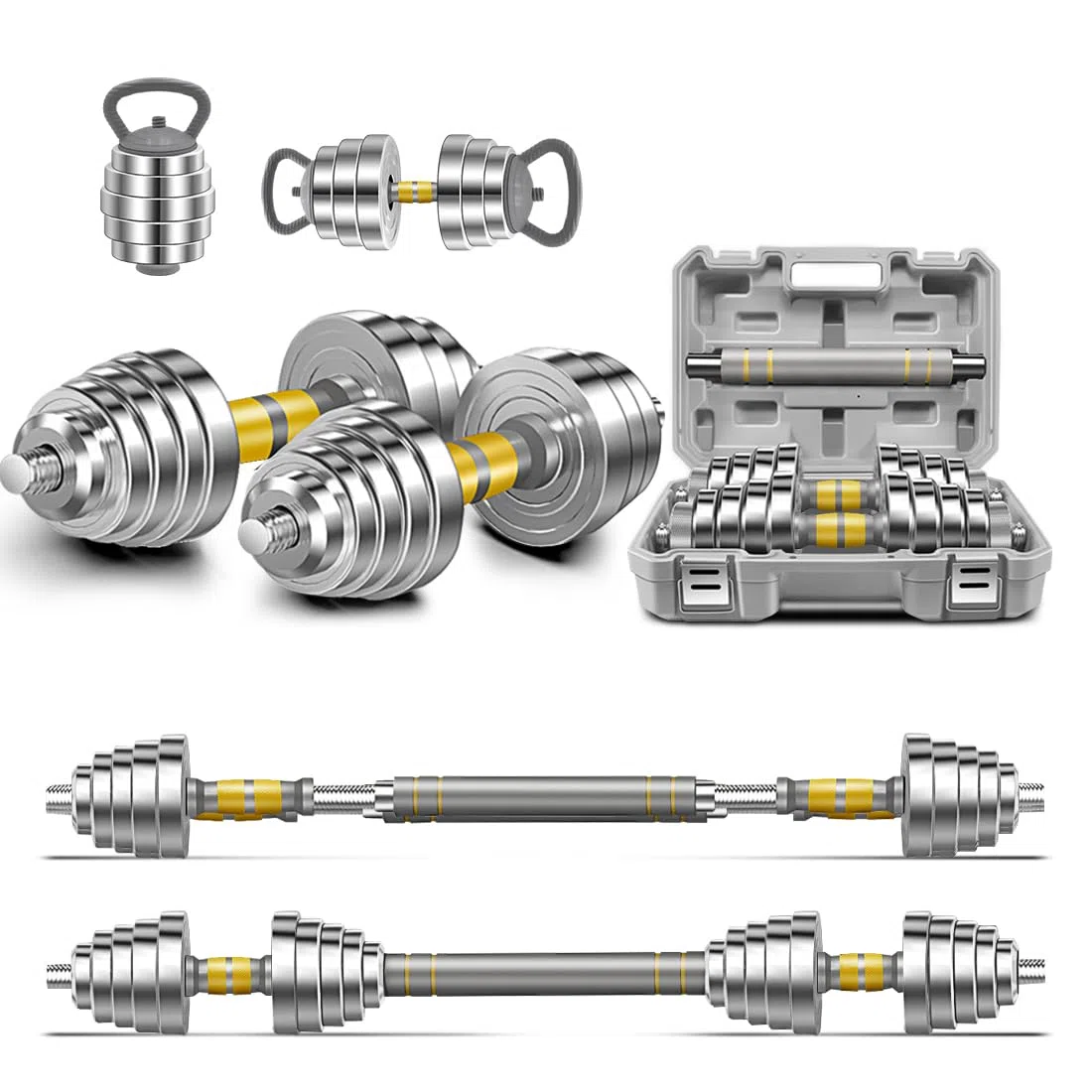 PHOEROS Ensemble d'Haltères Réglables - Set de Poids 20/30/40 KG, Haltère Barre Kettlebell 3 en 1, Haltères en Acier Paire pour Fitness Musculation, Équipement Sportif Domicile Homme Femme