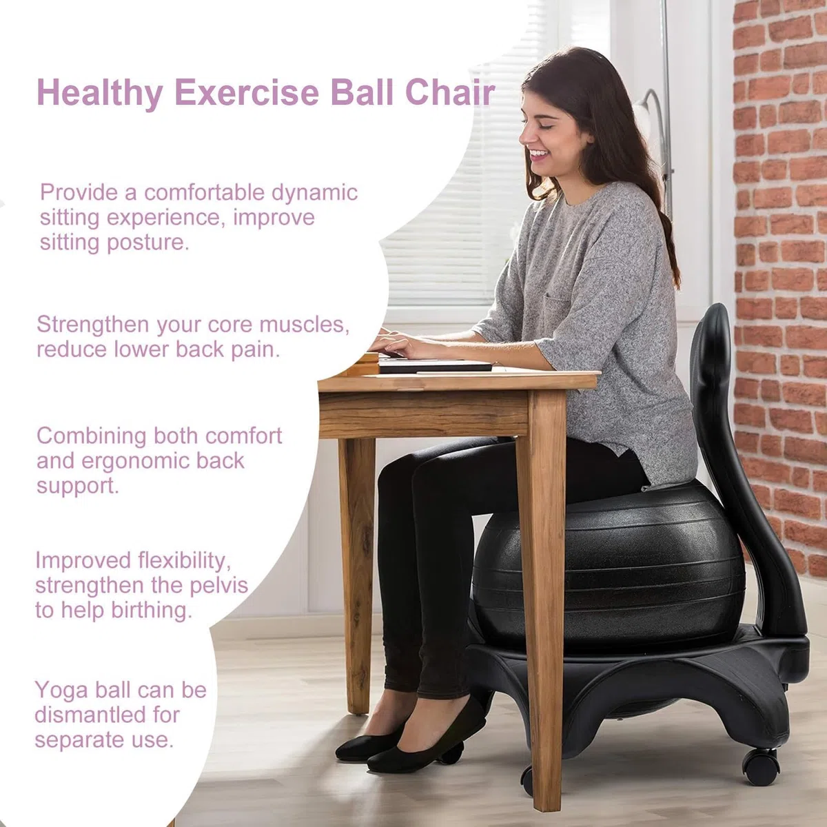 Chaise de Ballon de Fitness, Chaise de Bureau de Yoga avec Rouleaux/Support Dorsal, Ergonomique, pour Adultes/Femmes Enceintes