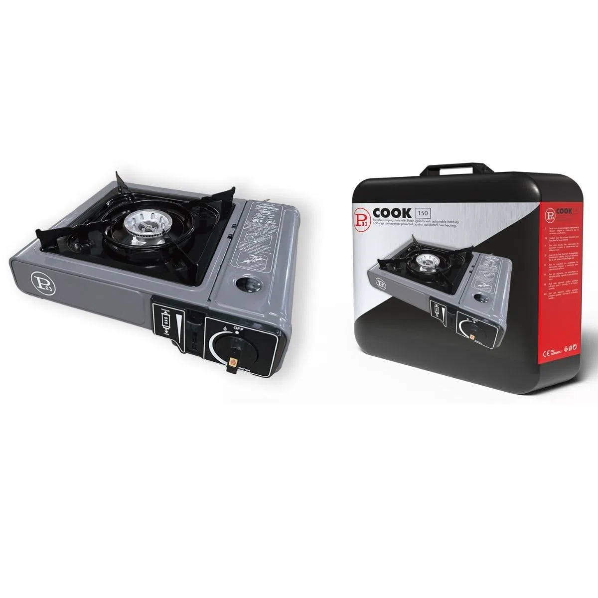 INTEC - Réchaud Gaz Portable 1 Feu 2,2 KW + 8 Cartouches gaz Butane incluses Allumage Piezo – Camping Randonnée Cuisine Extérieure