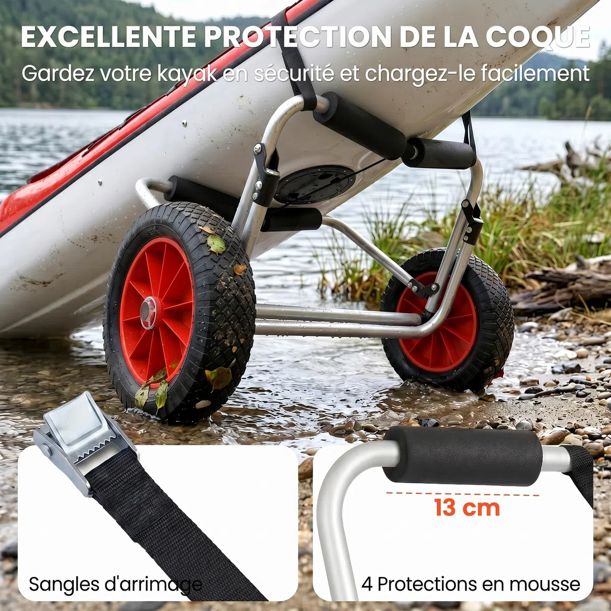 HOMCOM Chariot de transport trolley pour kayak, stand-up paddle, canoë avec sangle, grandes roues et cadre en aluminium dim. 70L x 40L x 42H cm noir et rouge