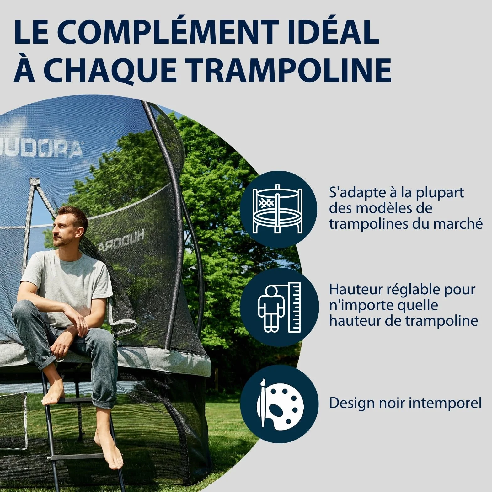 HUDORA Échelle universelle – Trampoline antidérapant avec marches larges – Échelle de sécurité réglable en hauteur pour différentes hauteurs de trampoline et résistant aux UV