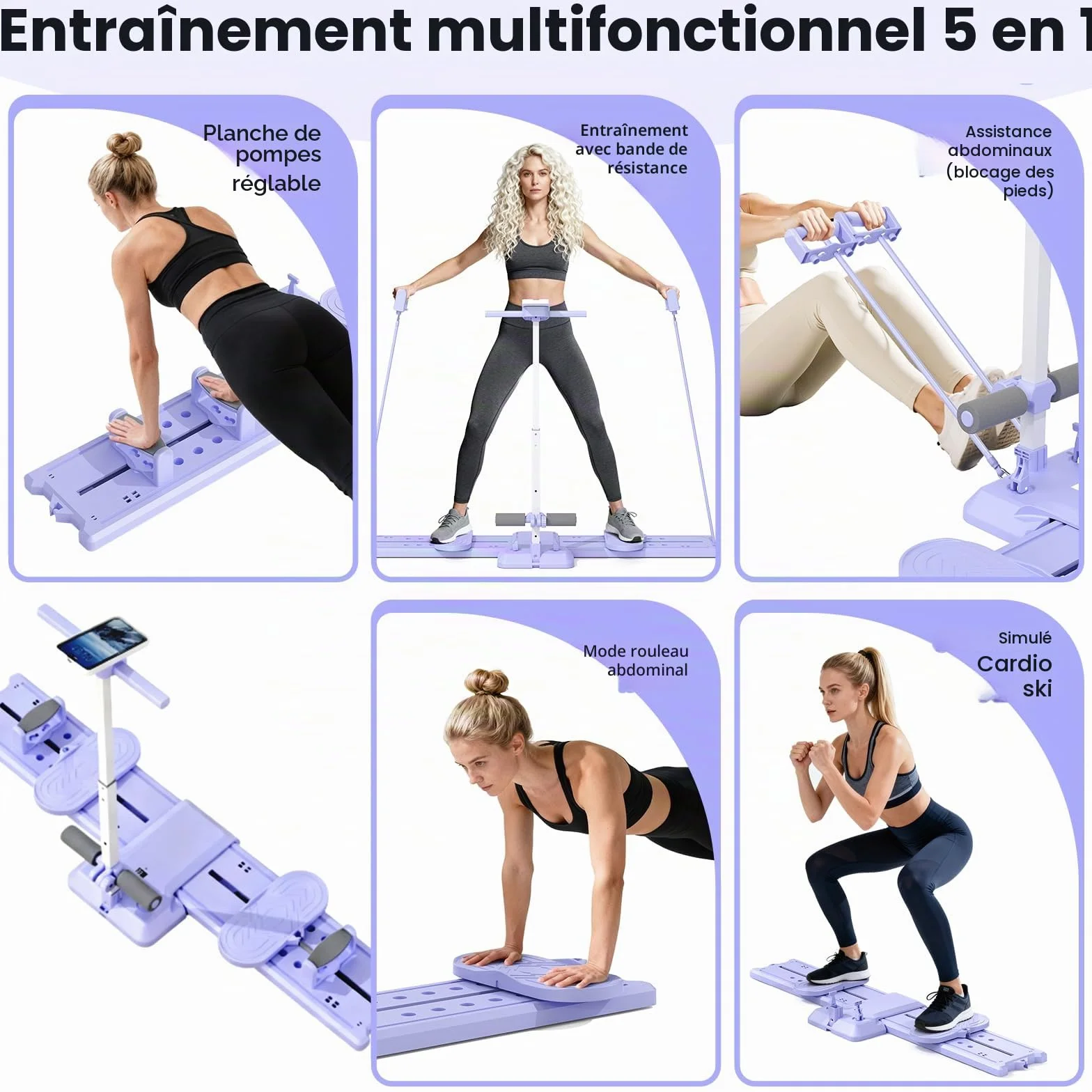 Kit Pilates Reformer, Machine à Ski 5 en 1, Planche de Pilate Pliable, Appareil Abdominaux, Push up Board, Poignées Amovibles avec Support Téléphone, pour le Renforcement du Core, Fessiers, Bras