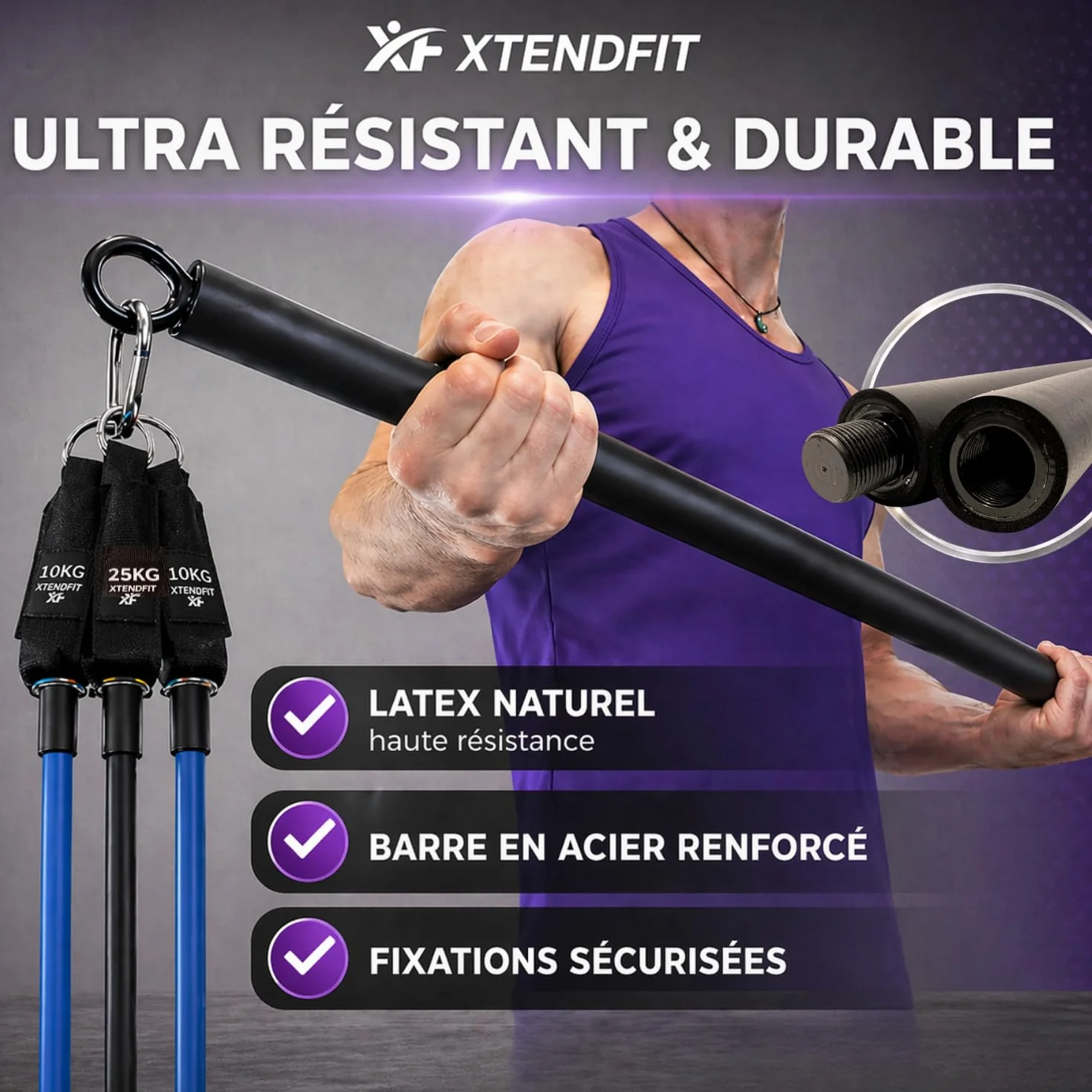 XTENDFIT Kit Musculation Élastique 10 Bandes Résistance 170kg Barre Renforcée