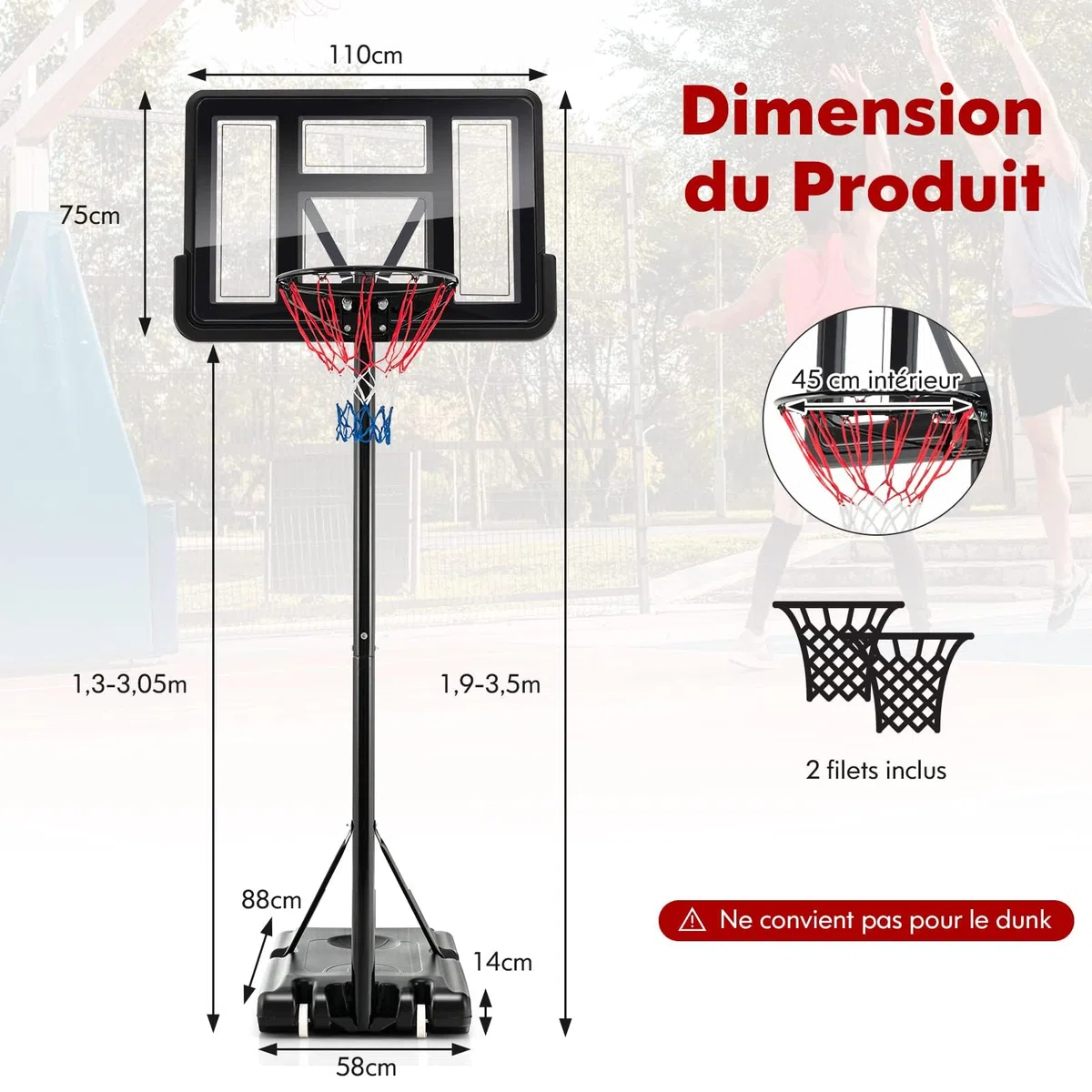 GYMAX Panier Basket Extérieur pour Enfants Adultes, Hauteur Réglable 135-305CM, Mobile avec Roues, Base Remplissable, 2 Filets Fournis, Panneau Arrière Incassable