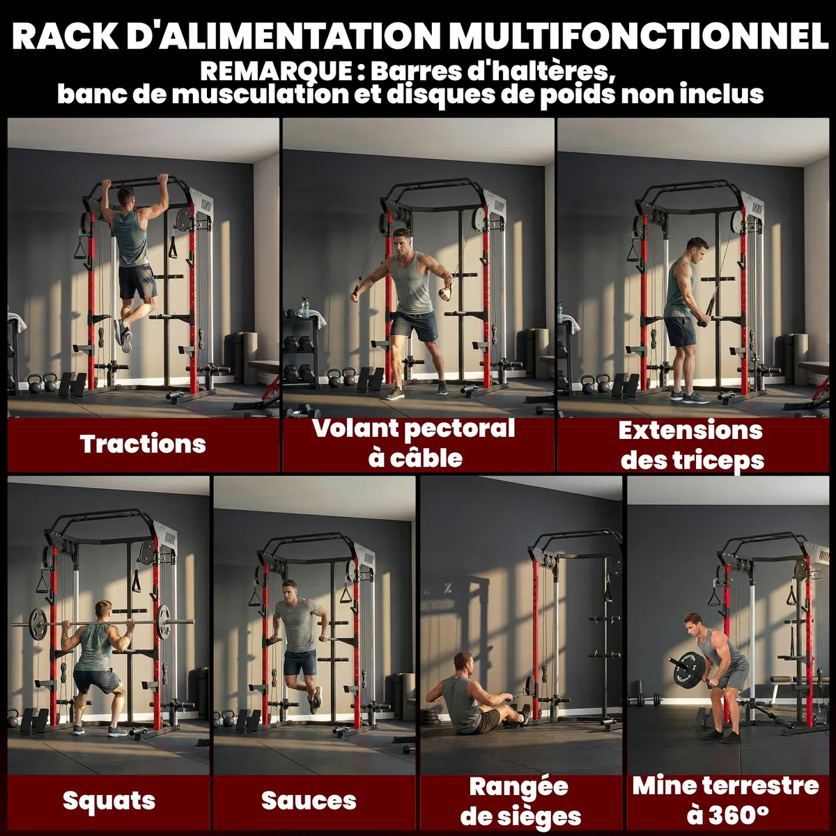 SPORTNOW Station de Musculation Power Rack 900kg - Cage de Squat avec Double Poulie Réglable 19 Niveaux - Home Gym Complet pour Entraînement de Force, avec Tirage Lat et Accessoires, Noir