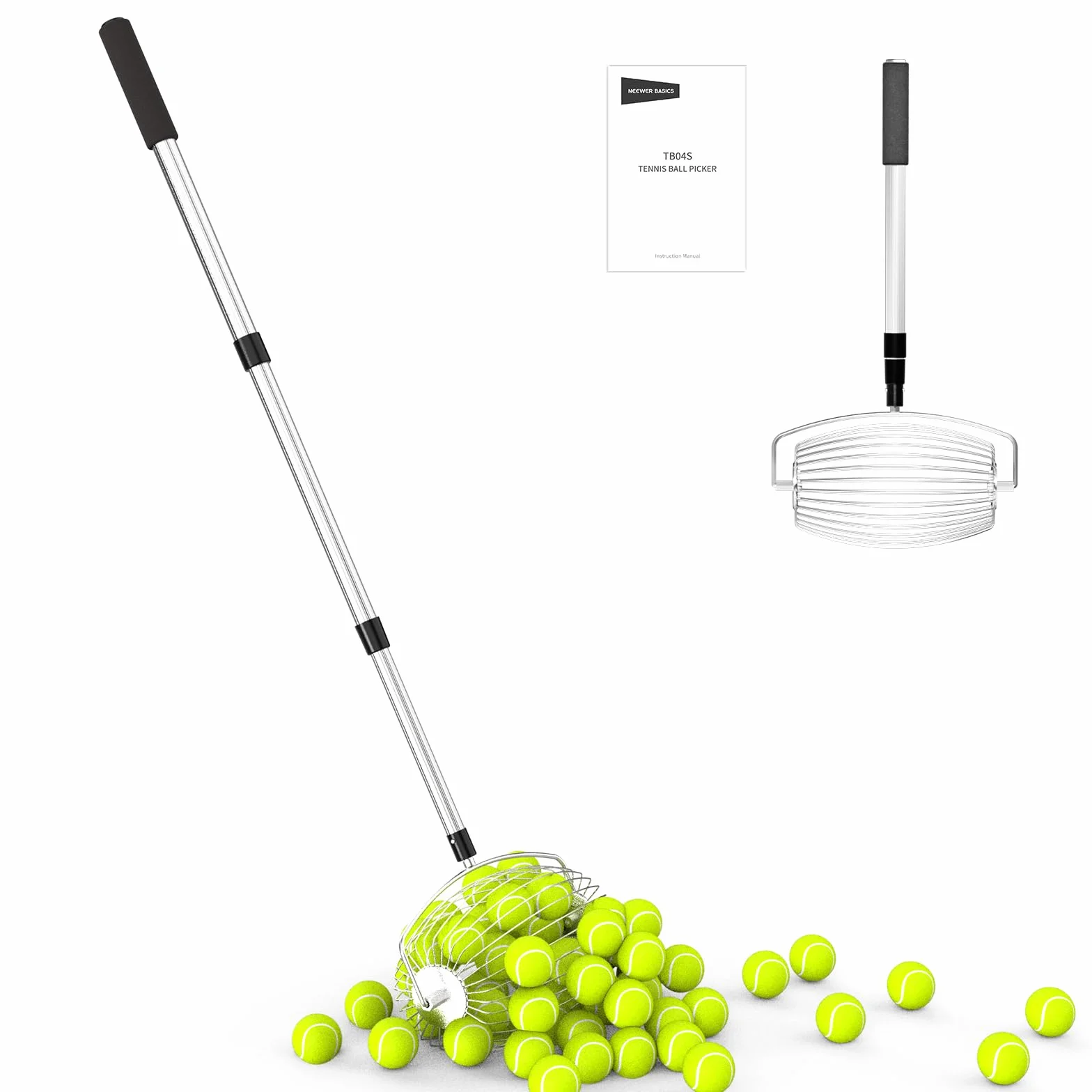 NEEWER BASICS Ramasseur de Balle de Tennis à Trémie Supérieure TB04S 70-138cm Télescopique pour 20 Balles
