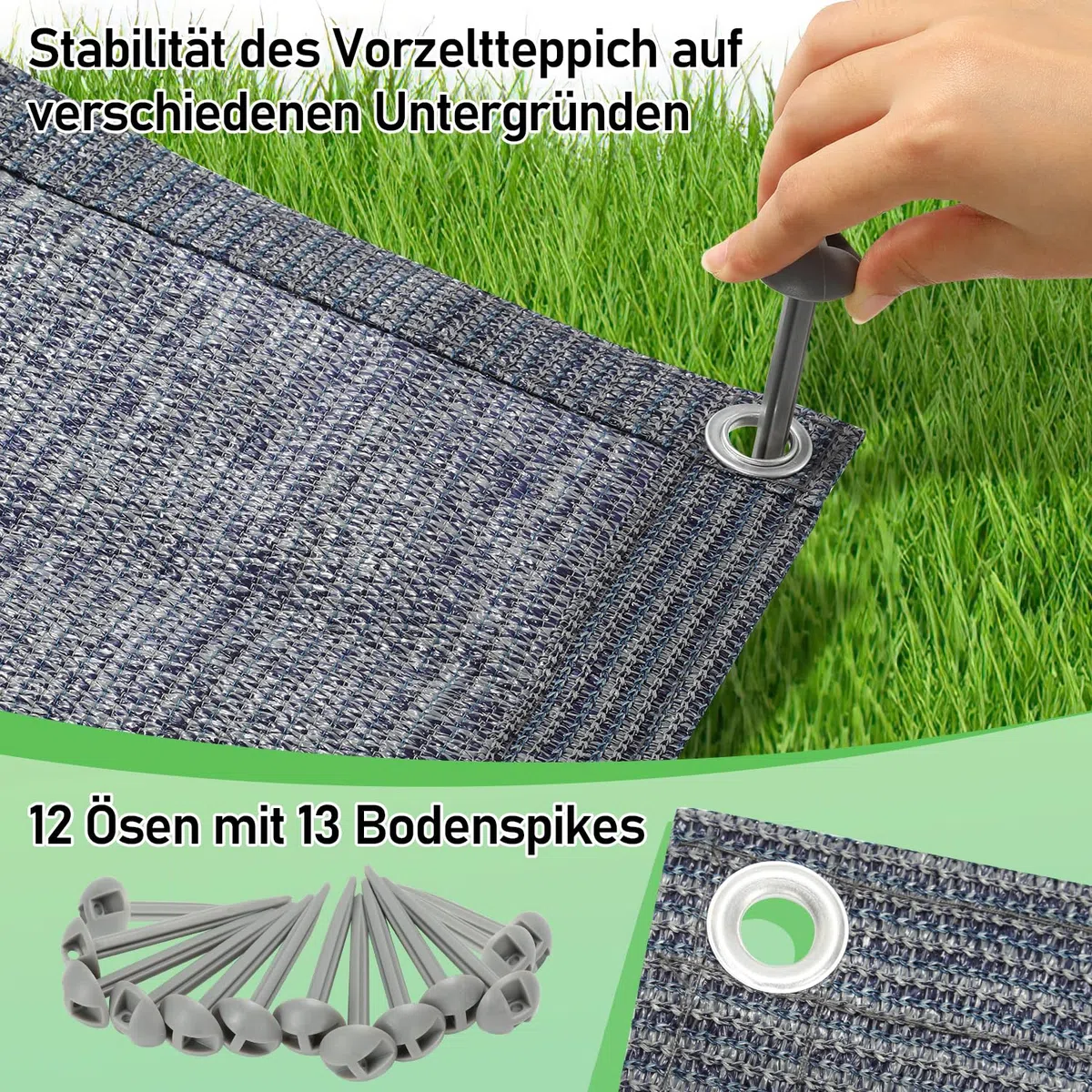 Fiqops Tapis pour auvent 250 x 500 cm, Respirant, Lavable, Anti-moisissure, antidérapant, stabilisé aux UV, avec 12 Trous, 13 piquets et Sac de Transport