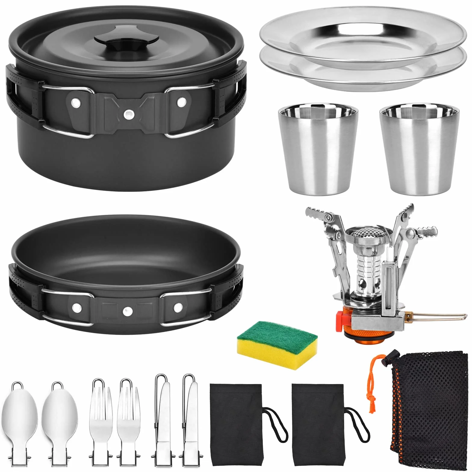 Queta Kit d'ustensiles de Cuisine de Camping, 17 pièces, kit d'ustensiles de Cuisine, Casserole de Pique - Nique pour 2-3 Personnes, Camping, extérieur, randonnée, Pique