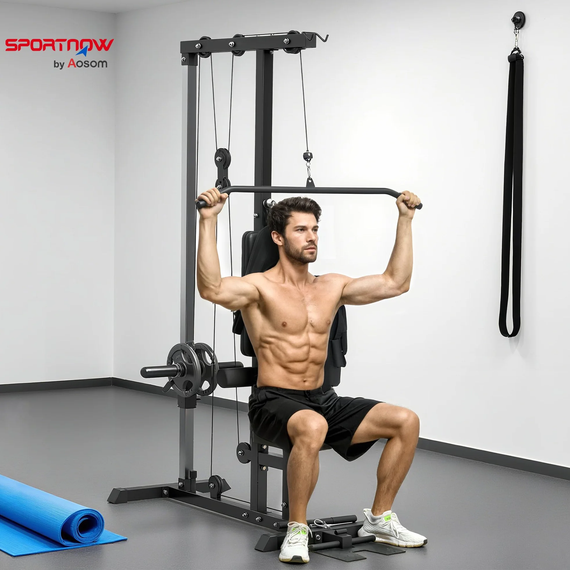 SPORTNOW Station de Musculation - Aosom.FR x FFHandball - Station à Poulie, tirage Poitrine - LAT pulldown Machine - Banc de Musculation, Haut du Corps