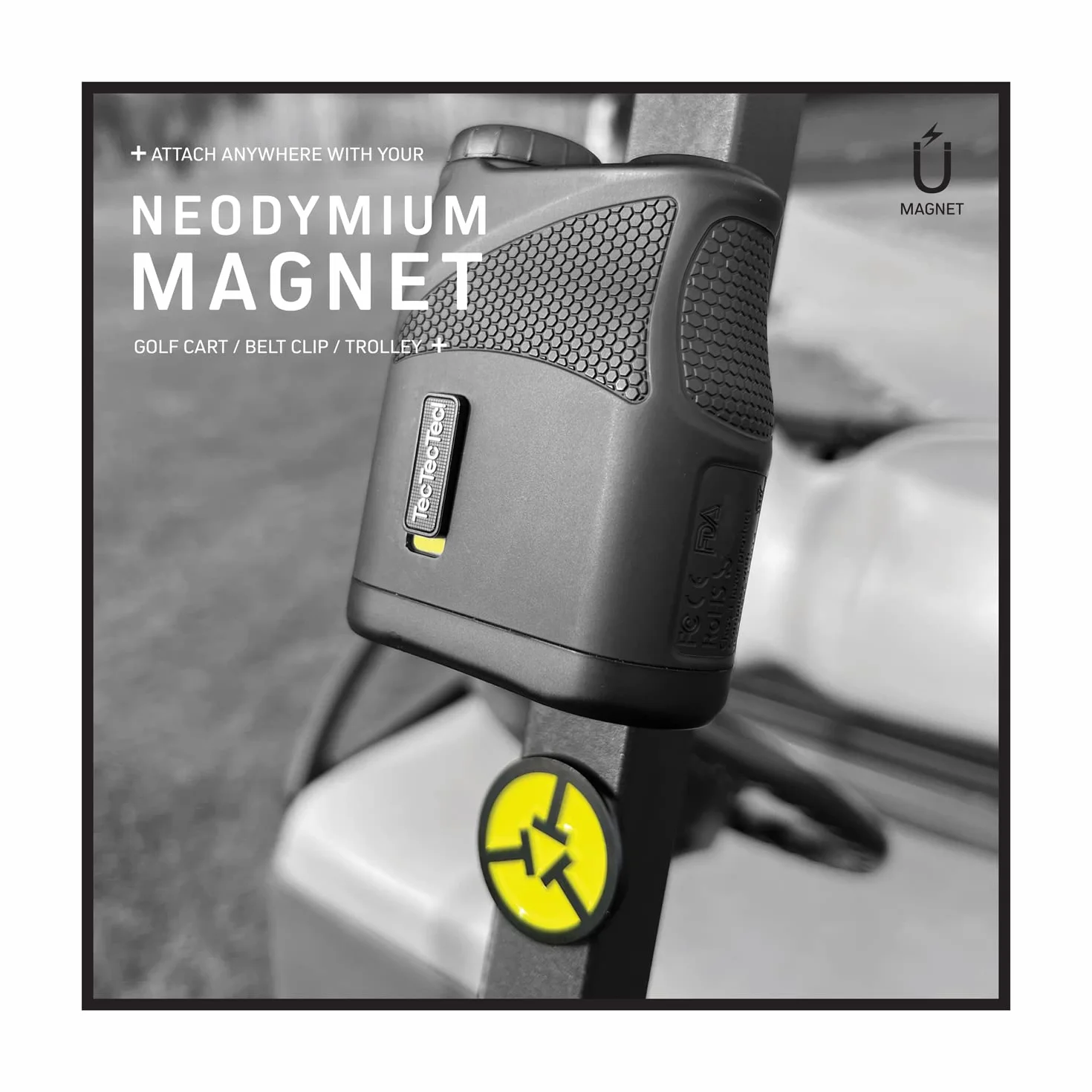 TecTecTec KLYR Golf Télémètre avec Pente Slope, Clip Ceinture, Support aimanté. Laser Range Finder 2022 Optiques, Housse Premium, Golf Ball Marker avec Aimant.