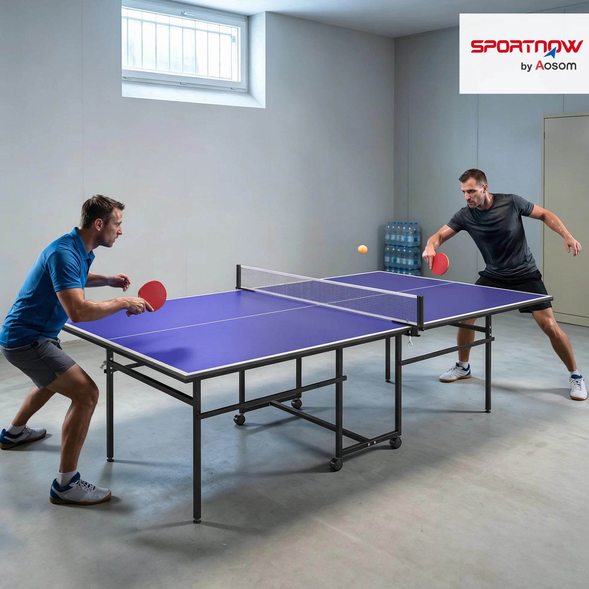 SPORTNOW Table de Tennis de Table, Table de ping-Pong Pliable, compacte, avec 4 roulettes, pour intérieur, 274 x 152,5 x 75,5 cm, Bleu