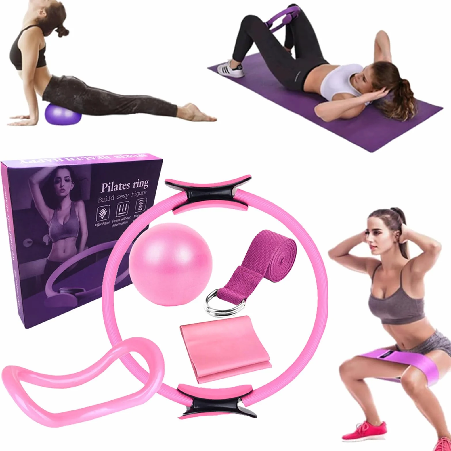 Ensemble Pilates Yoga 6 Pièces — Kit Maison, Accessoires Pilates, Bande de Résistance, Anneaux pour Jambes, Bras et Cuisses (Rose)