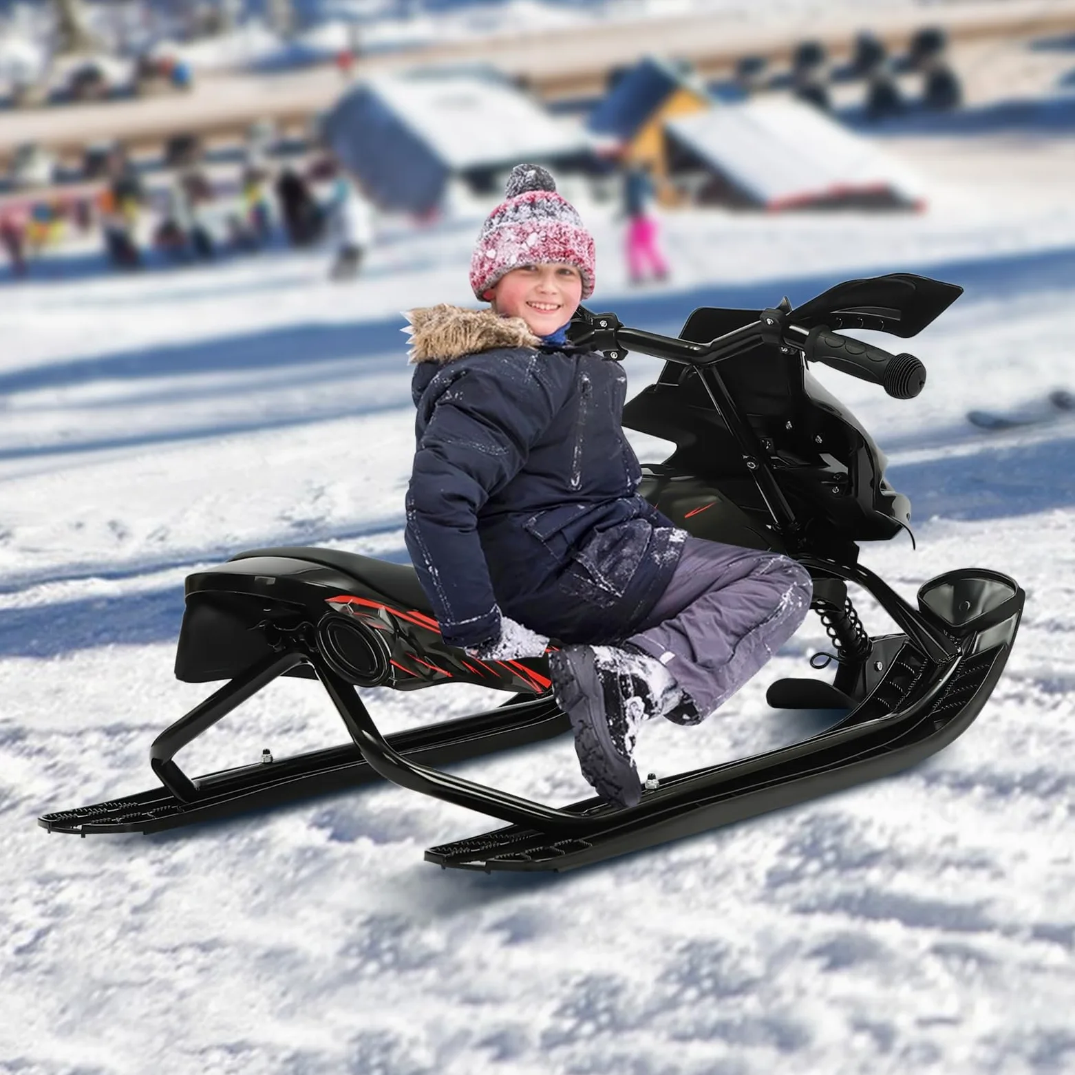 Luge de direction avec freins à pied pour enfants, avec corde de traction automatique et amortisseur pour enfants et adultes, charge maximale 80 kg, luge à patins Skibob avec siège rembourré