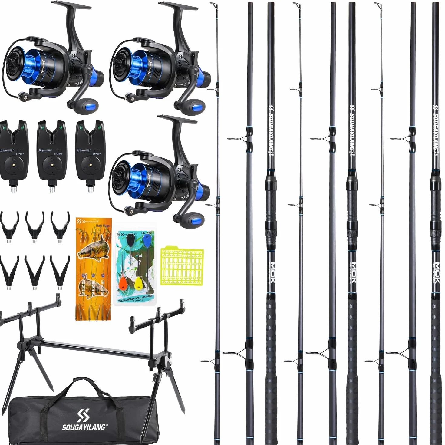 Sougayilang Ensemble de pêche à la carpe, 3 cannes de 3,3 m + moulinets série 4000, détecteurs de morsure, support de canne réglable, kit complet pour lacs et rivières à la carpe