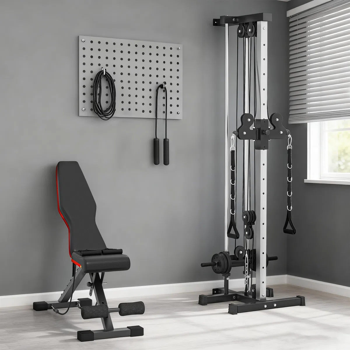 SPORTNOW Station à Poulie Murales 15 Positions + Banc de Musculation Pliable, Ensemble Gym Complet pour Haut du Corps et Abdos, avec Coussin Rembourré, 62x60x200cm, Noir