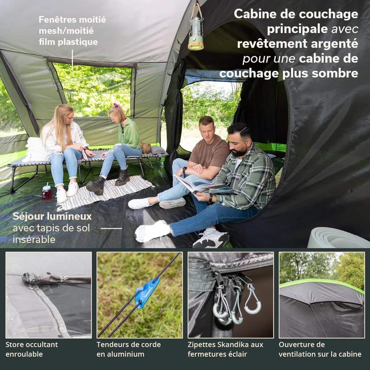 Skandika Kambo Tente Tunnel pour 6 Personnes | Cabine Sombre avec revêtement argenté, Colonne d'eau de 3000 mm, 3 entrées, Marquise, avancée, avec Tapis de Sol | Tente de Camping