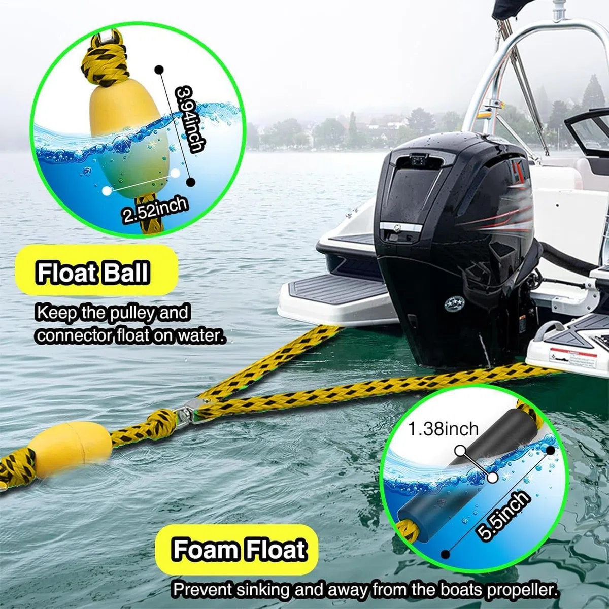 Triangle de remorquage de 3 m pour sports nautiques, laisse pour 4 personnes avec rouleau coulissant et flotteur, crochet en acier inoxydable, corde de traction pour towables, ski nautique, wakeboard