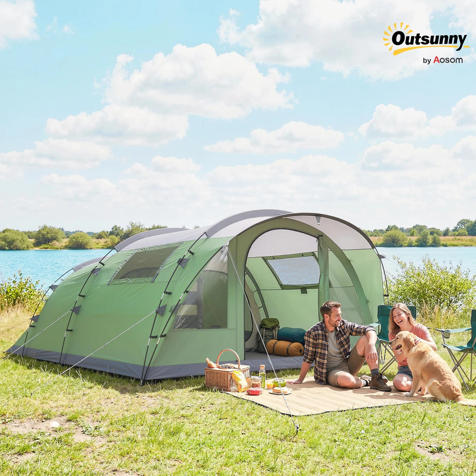 Outsunny Tente de Camping pour 5 Personnes, Tente Tunnel familiale légère ventilée étanche 3 000 mm Montage Facile, 4 fenêtres et Porche, Sac de Transport, pour randonnée Trekking pêche, Vert