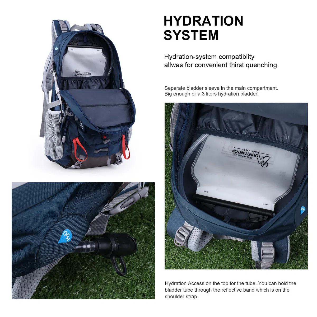 MOUNTAINTOP Sac à dos de randonnée 40 l résistant à l'eau Sac à dos de trekking pour homme et femme Sac à dos de voyage 55 x 35 x 25 cm