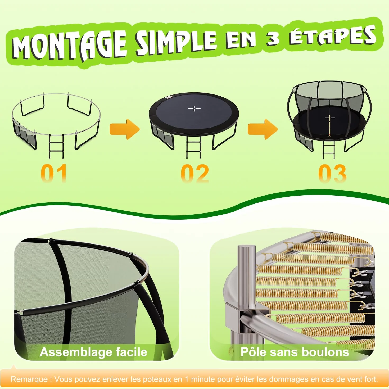 Devoko Trampoline Extérieur Ø 228/305/366/427 cm, pour Enfants, avec Filet de Sécurité, GS Certification, Couverture de Protection, Design Citrouille, Capacité de Charge 150 kg