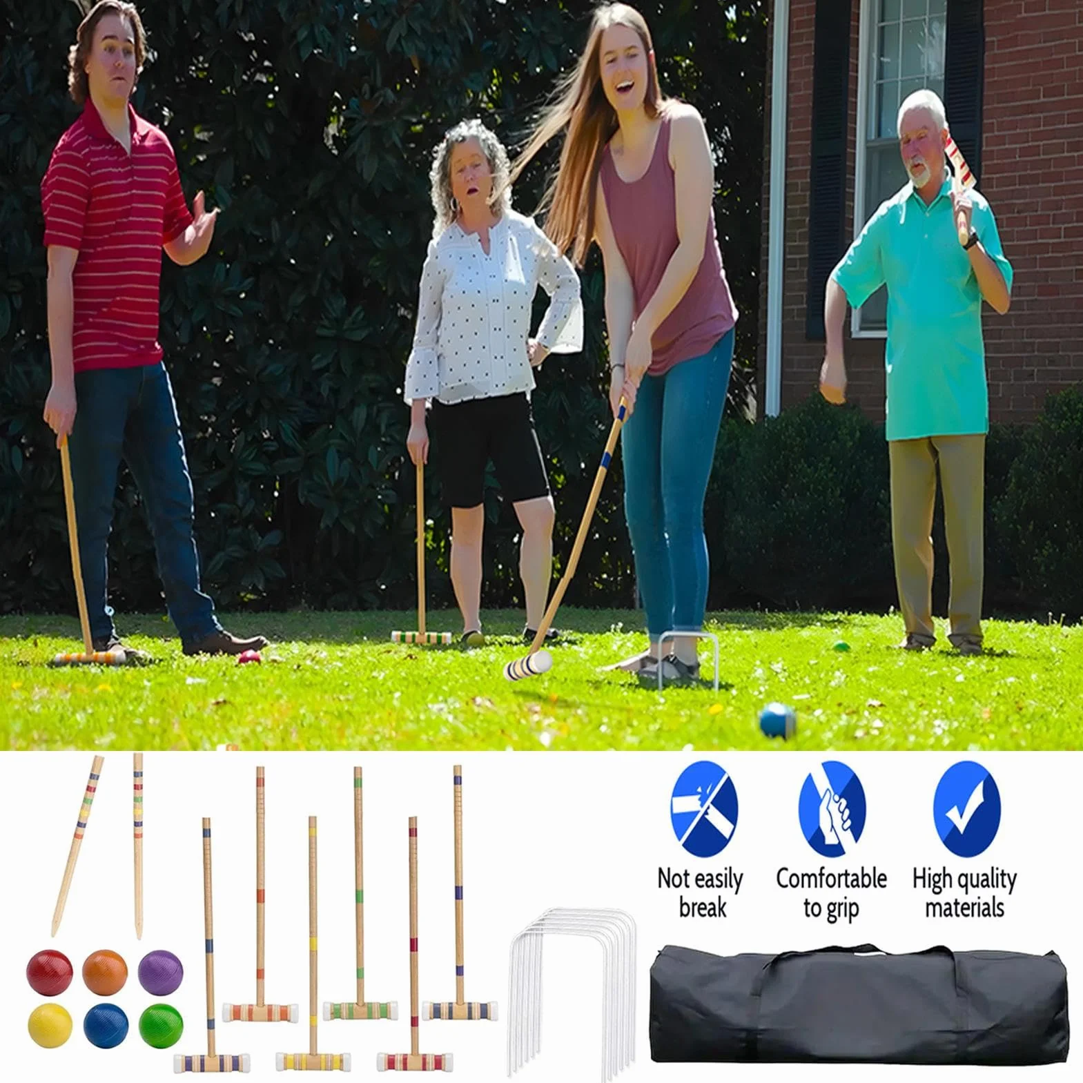 Kit de croquet pour 6 joueurs - Jeu de pelouse en bois - Équipement de sport extérieur réutilisable