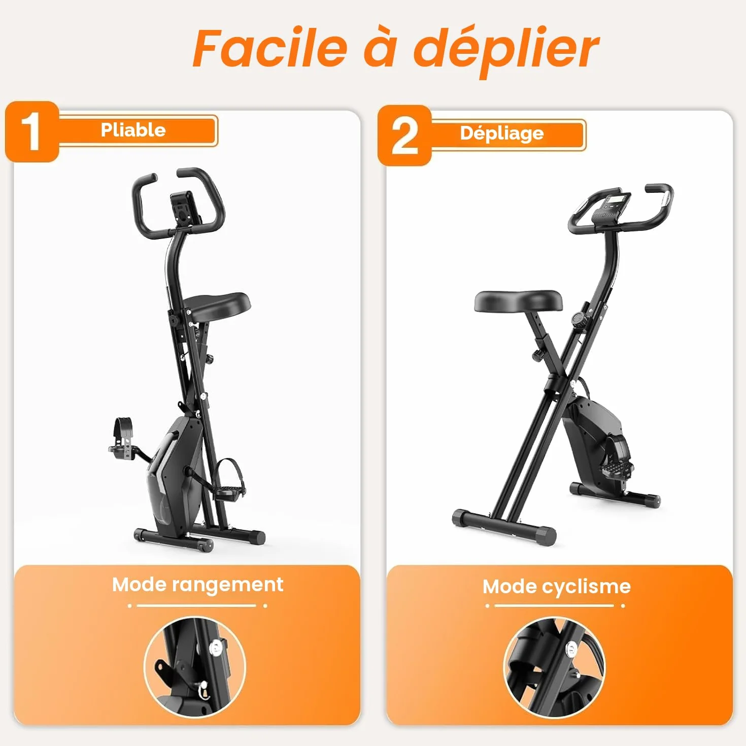 Dskeuzeew Vélo D’Appartement Pliable, Velo d Appartement avec Moniteur LCD et Mesure du Pouls Manuel, Vélo D'exercice Magnétique de Niveau 16 Avec Siège Confortable, Peu Encombrant