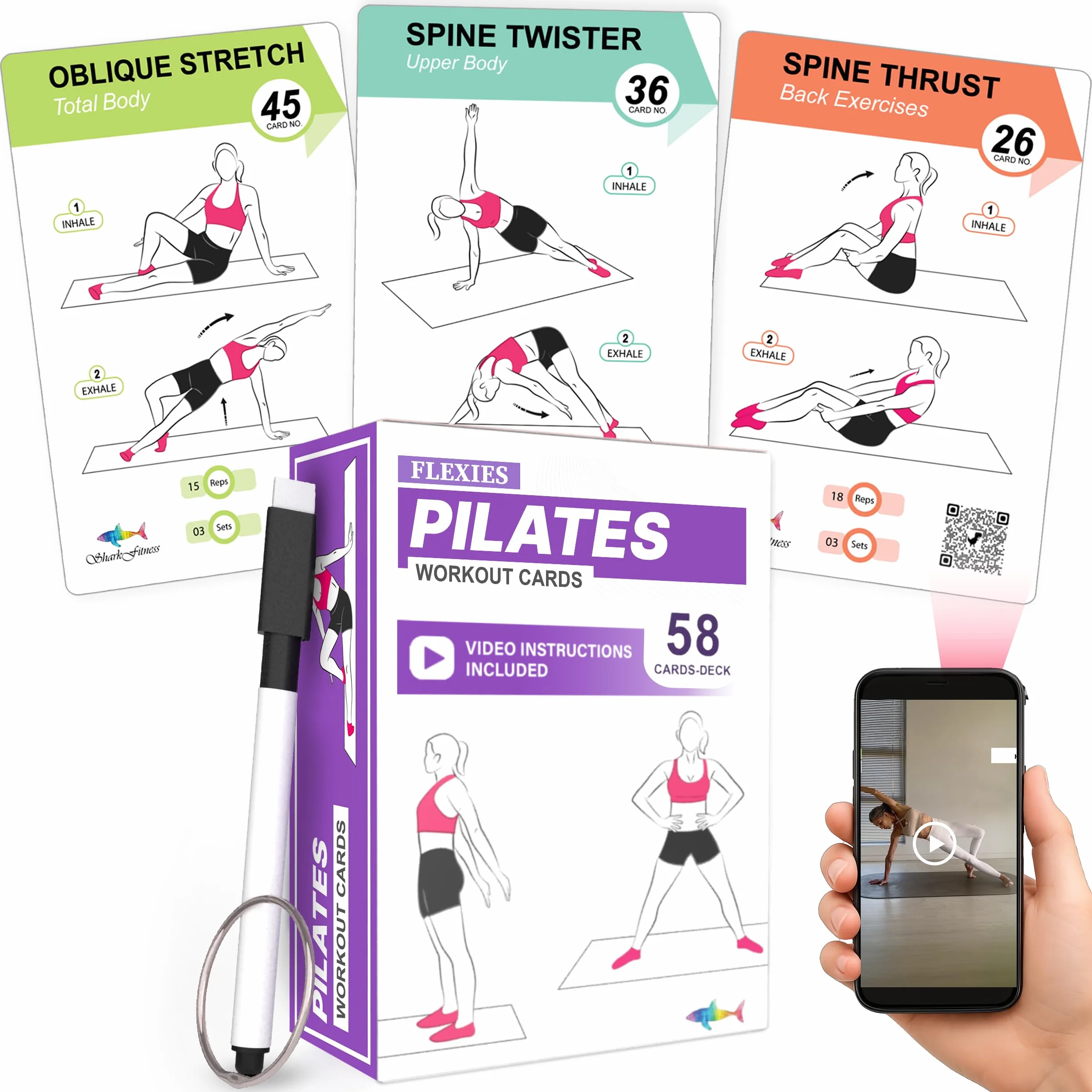 Cartes de Pilates – 58 cartes d'exercice avec instructions vidéo et conseils de respiration | Marqueur effaçable à sec et anneau gratuit pour planificateur d'entraînement à domicile pour femme