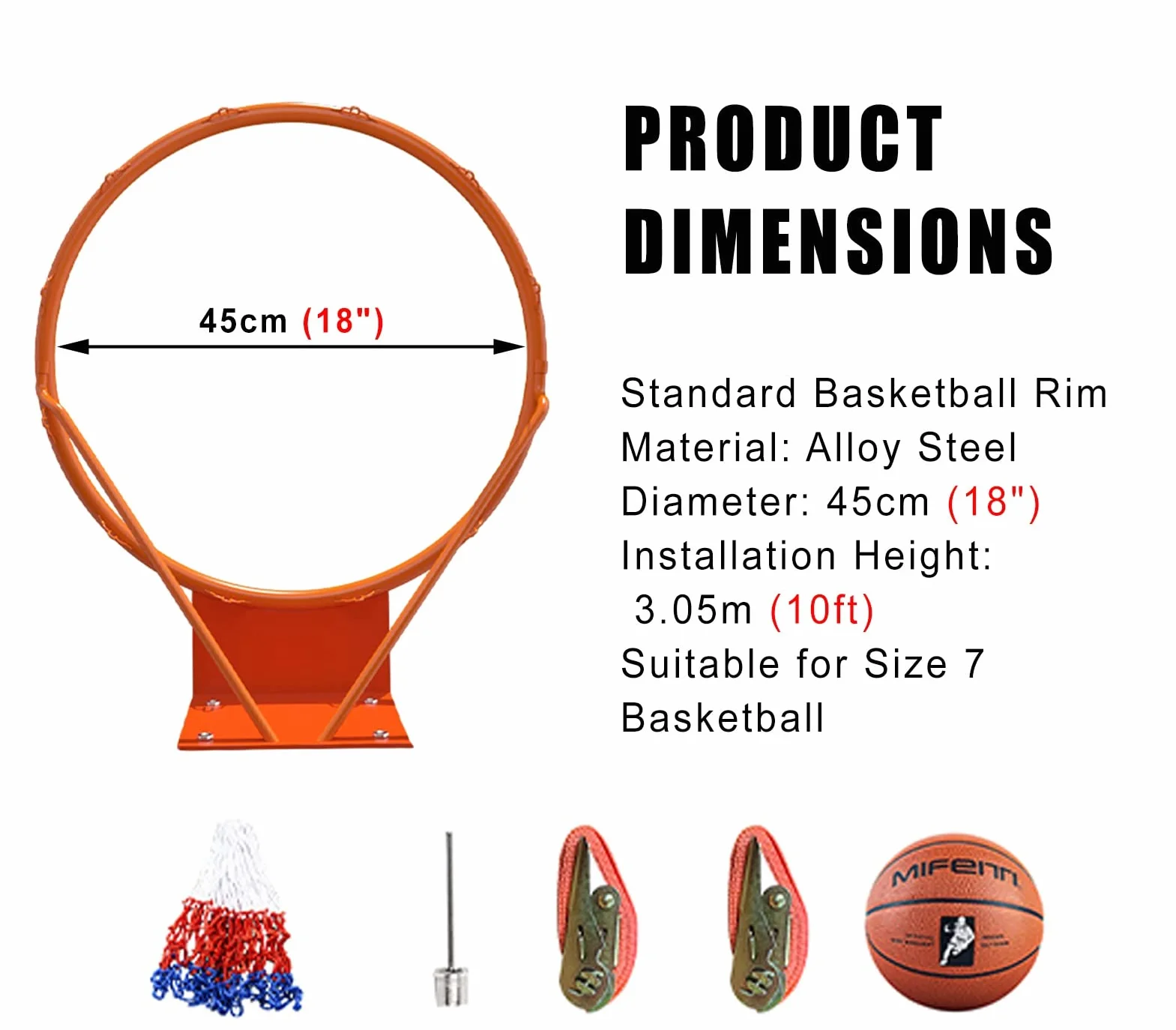 Panier de Basket Mural Extérieur 46cm - Arceau Acier avec Filet, Hauteur Réglable (200-250cm), Résistant aux Intempéries pour Jardin OXFUZZ