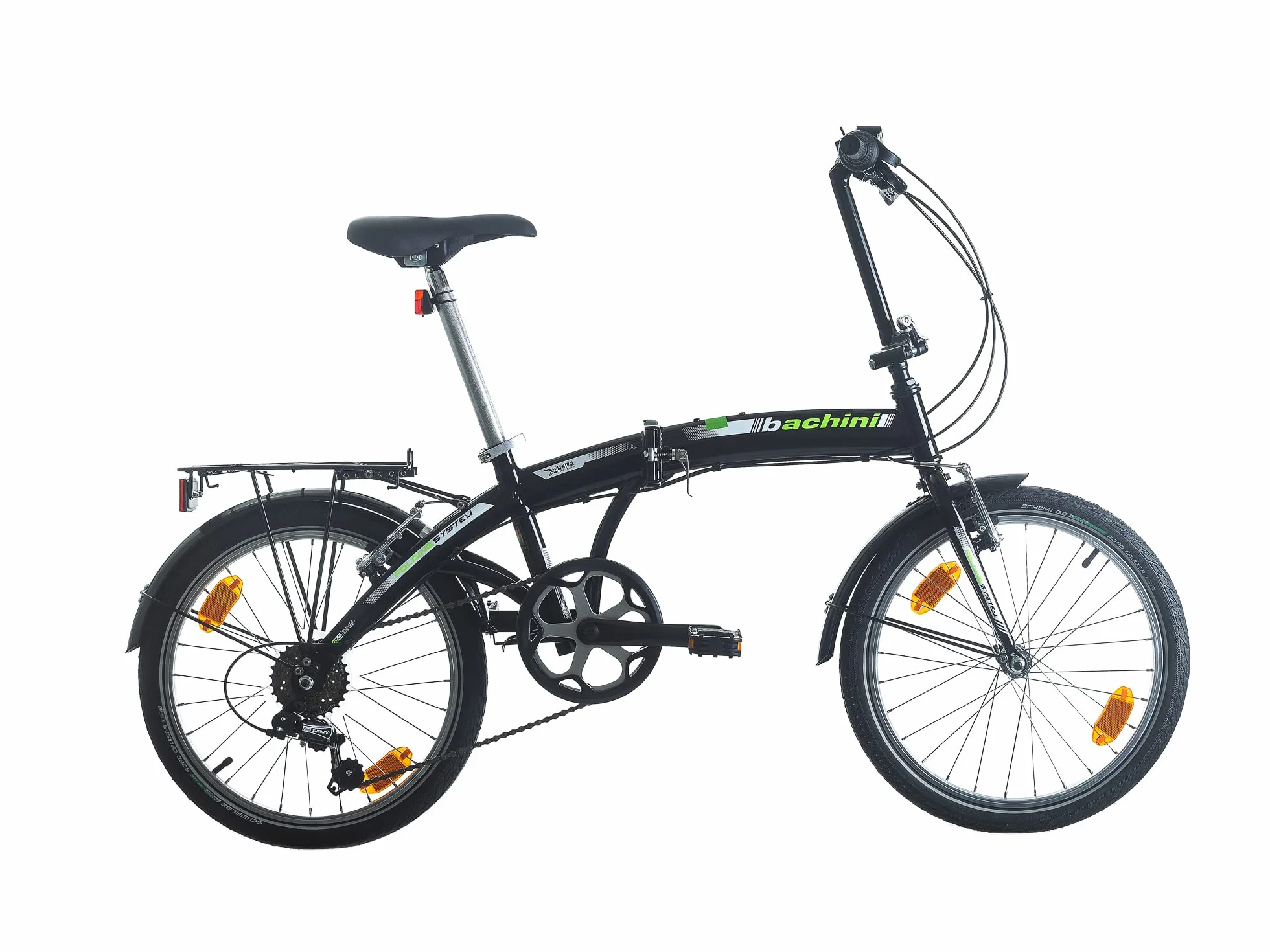 Multibrand Bachini Folding Vélo Pliant Moderne 20 Pouces, 6 Vitesses, Frein V-Brake, Garde-Boue, Sonnette, pour Adultes et Adolescents, Convient pour 155–185 cm (Noir avec Vert et Blanc)