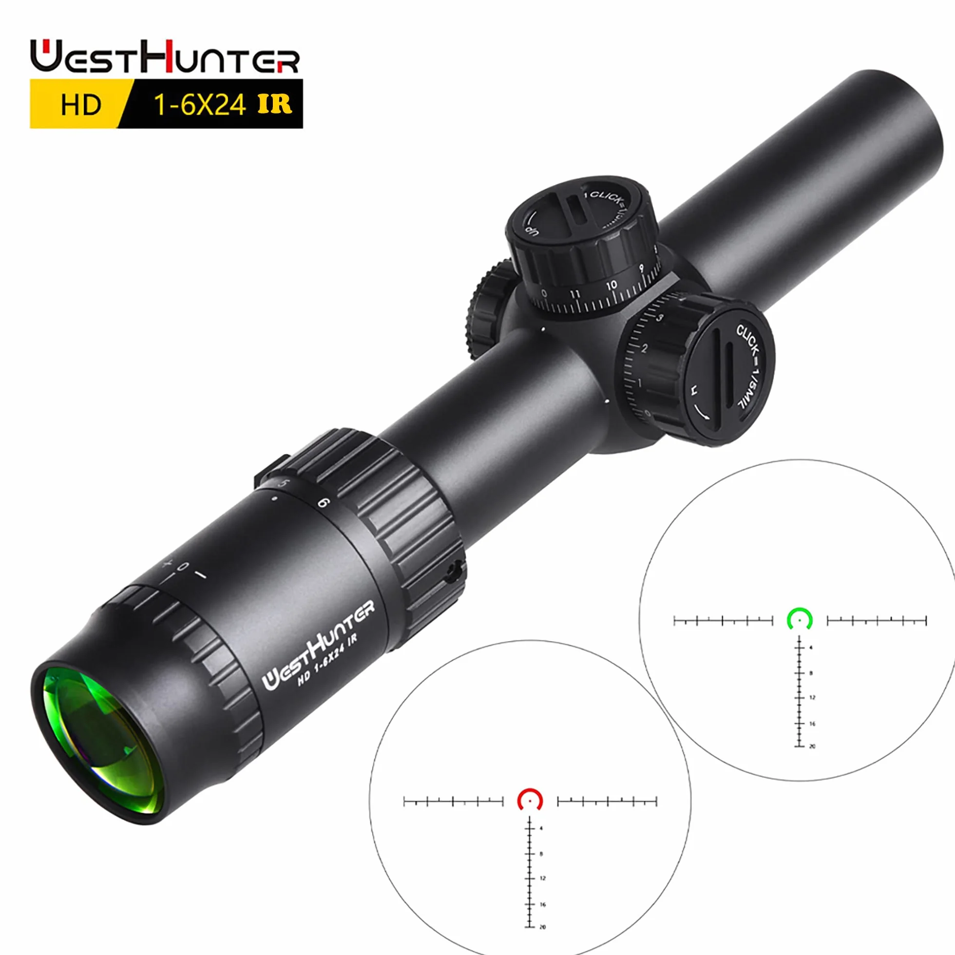 Lunette de Visée de Chasse WestHunter Optics HD 1-6x24 IR LPVO, 30 mm d'illumination Rouge Vert de Précision Tactique 1/5 MIL, Lunette de Tir Compacte pour la Chasse | 2 Types de Réticules