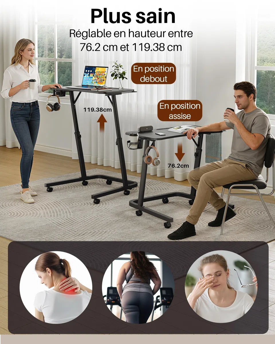 Table d'entraînement à roulettes pour vélo avec hauteur réglable et roulettes, table de chevet et table pour ordinateur portable, table d'appoint réglable en hauteur pour vélo d'intérieur et tapis de