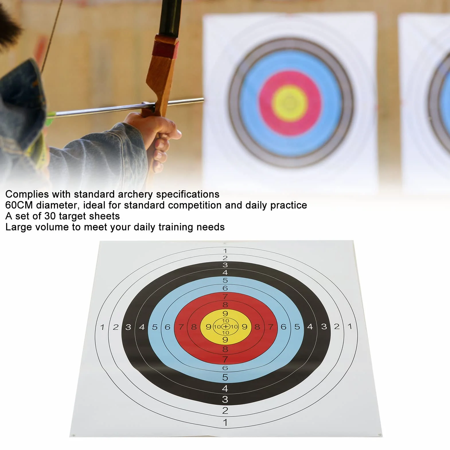 Papier Cible De Tir À l'arc High Performance, Épaisseur Double Face, 60cm, 30 Feuilles Idéales pour la Pratique, Training, Chasse, Outdoor et Indoor, Développement des compétences
