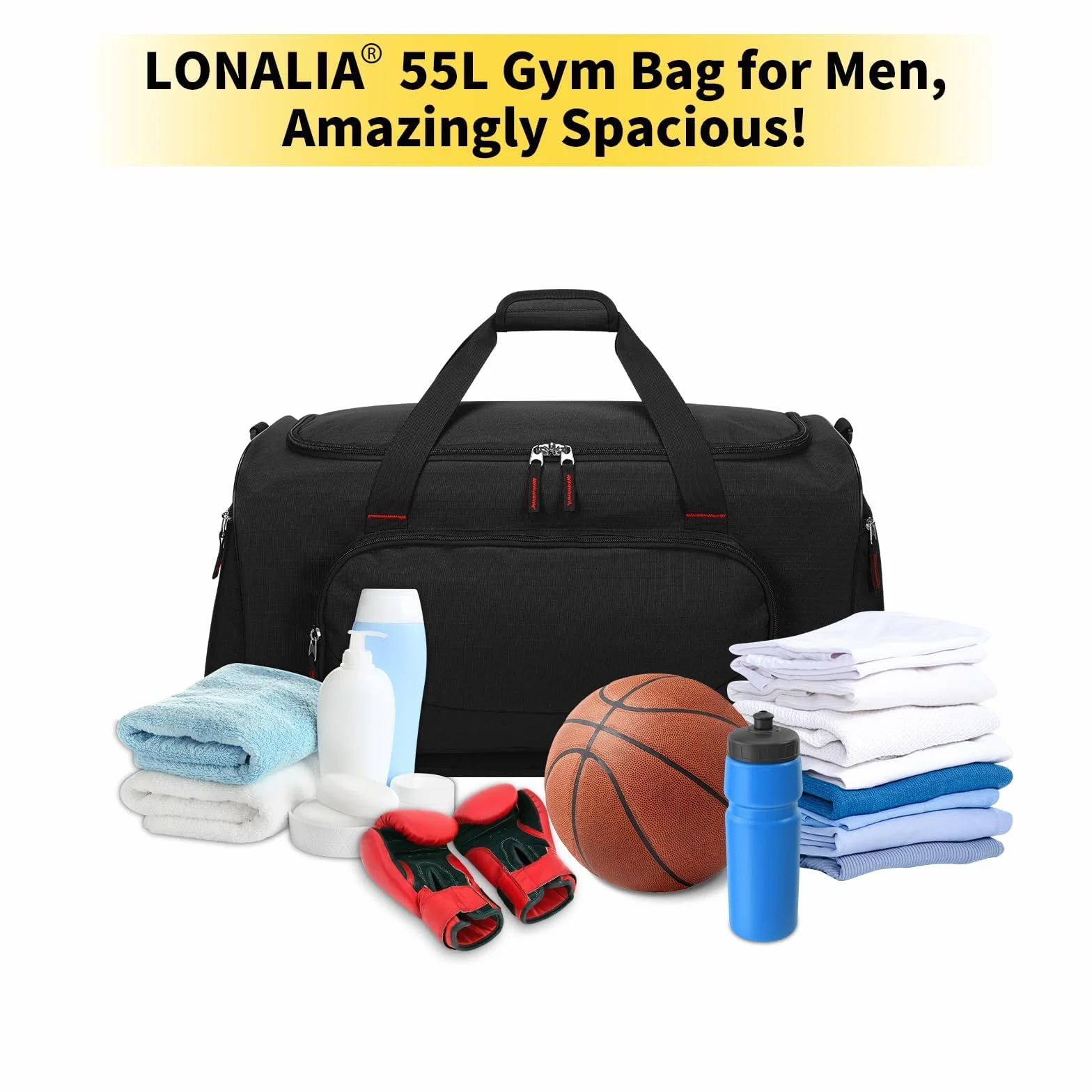 Grand Sac de Sport Homme 55L - Sac de Fitness Voyage Gym - Noir