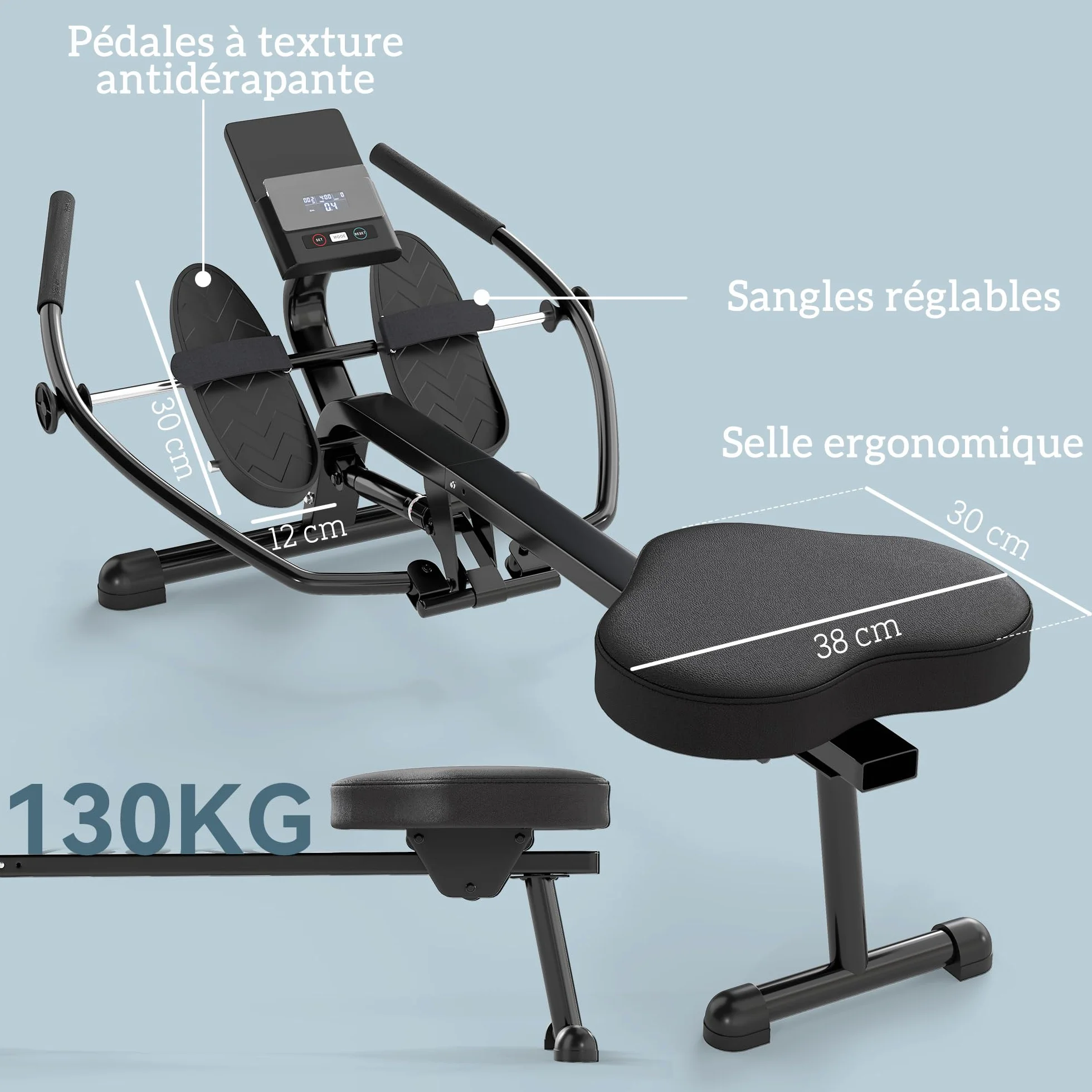 SPORTNOW Rameur hydraulique à résistance 12 Niveaux, Appareil de Musculation avec écran LCD et pédale antidérapante, capacité Max 130 kg, Cardio à Domicile, Noir