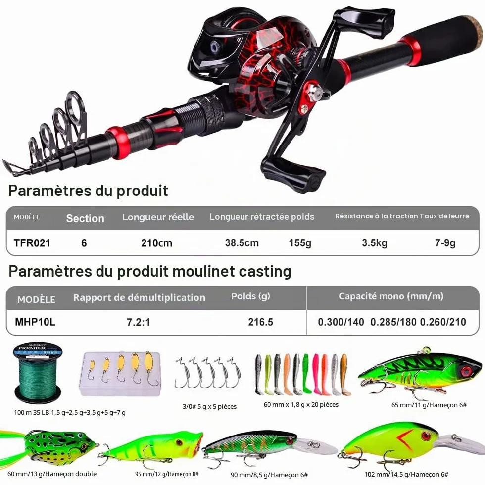 Ensemble Canne à pêche et Moulinet, Canne à pêche télescopique en Fibre de Carbone de 2,1 m avec Moulinet Rotatif/appât, Eau salée, Eau Douce, Glace, Bar