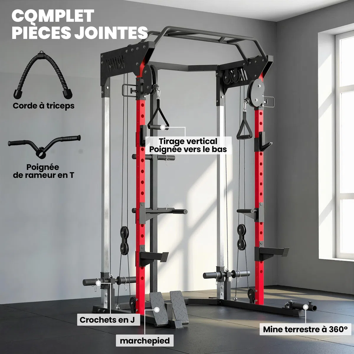 SPORTNOW Station de Musculation Power Rack 900kg - Cage de Squat avec Double Poulie Réglable 19 Niveaux - Home Gym Complet pour Entraînement de Force, avec Tirage Lat et Accessoires, Noir