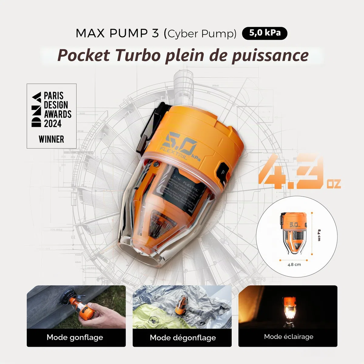 FLEXTAILGEAR Max Pump 3 Pompe à air portable, 5,0 kPa, légère, charge USB pour gonfler et dégonfler les aides à la natation, matelas à air et gilets de sauvetage