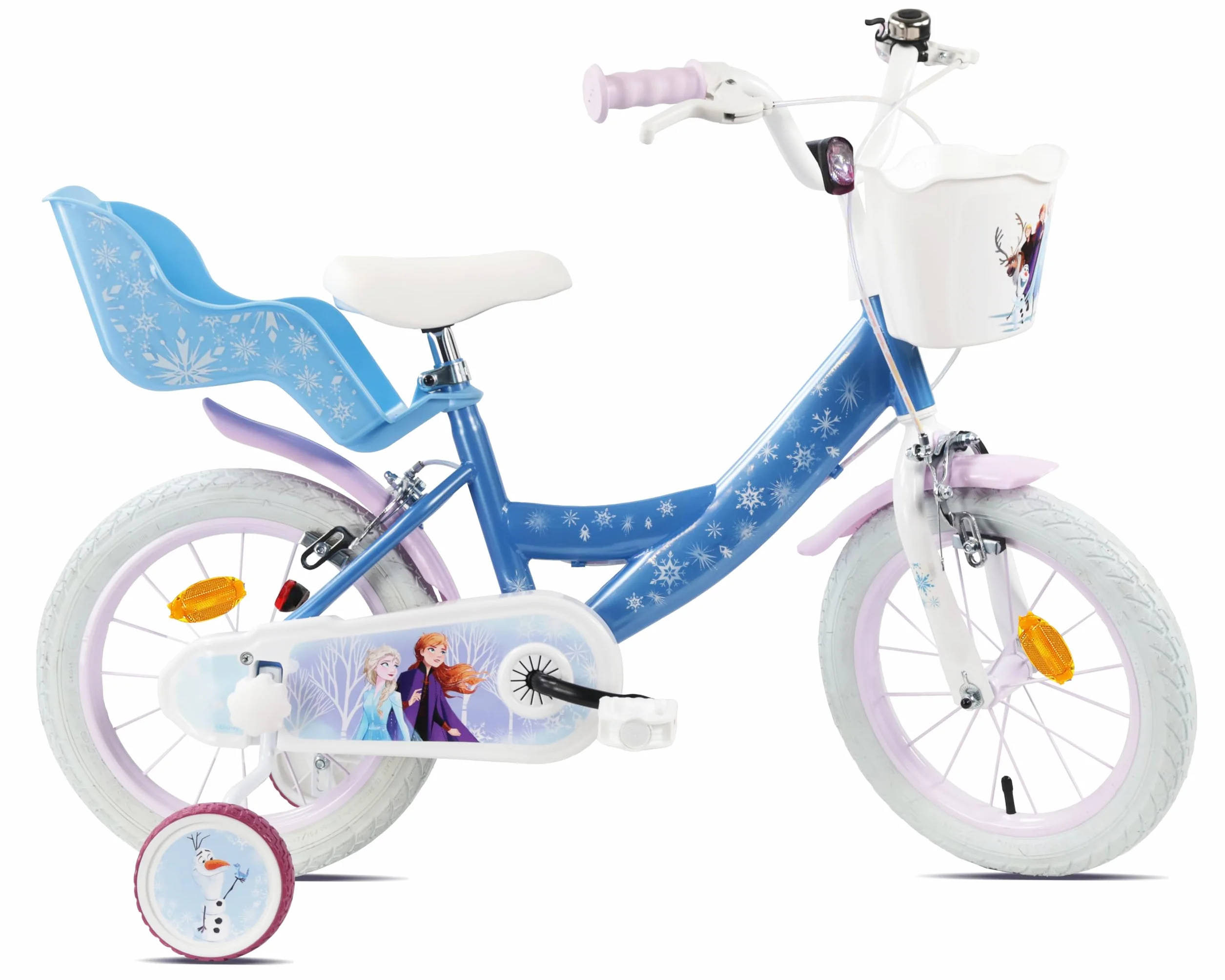 Vélo Reine des Neiges 14'' Fille équipé de 2 Freins Caliper - Roue Libre - Pneus Gonflables - Jantes aciers avec Rayons - Panier Avant - Porte-poupée arrière - Garde-Boue - 2 Stabilisateurs