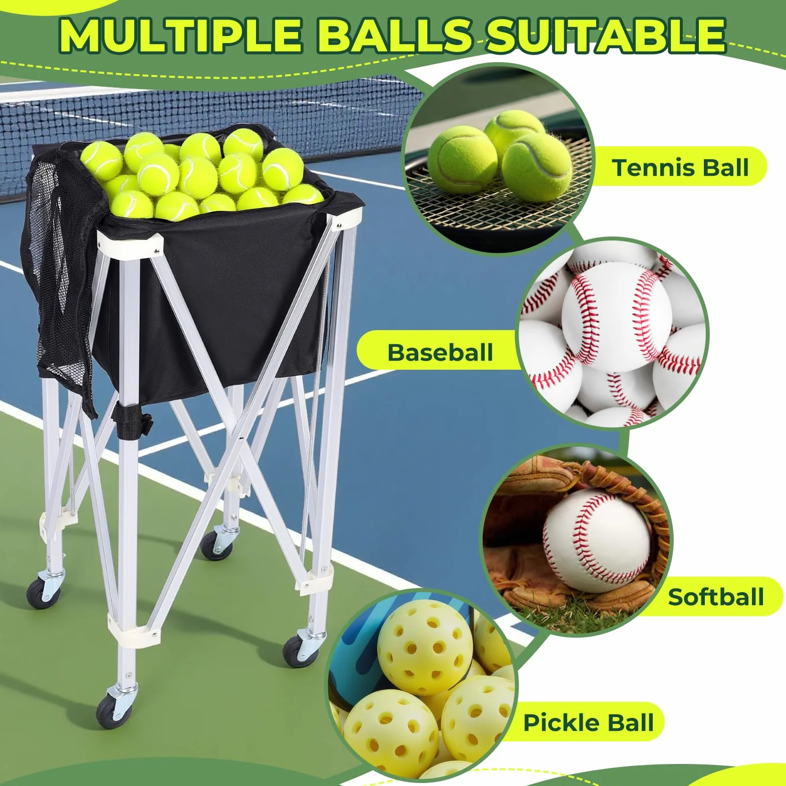 Porte-balles de tennis pliable Hopper pour 170 balles - Grande capacité en alliage d'aluminium