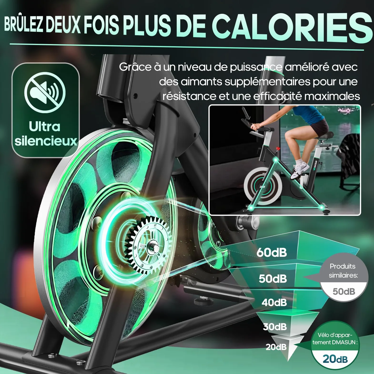 Vélo d'Appartement, DMASUN Velo d Appartement avec Résistance Magnétique Renforcée, Volant d'inertie lourd, Velo Appartement Ultra-Silencieux avec Support d'Haltères, Siège Confortable, Capacité 180KG
