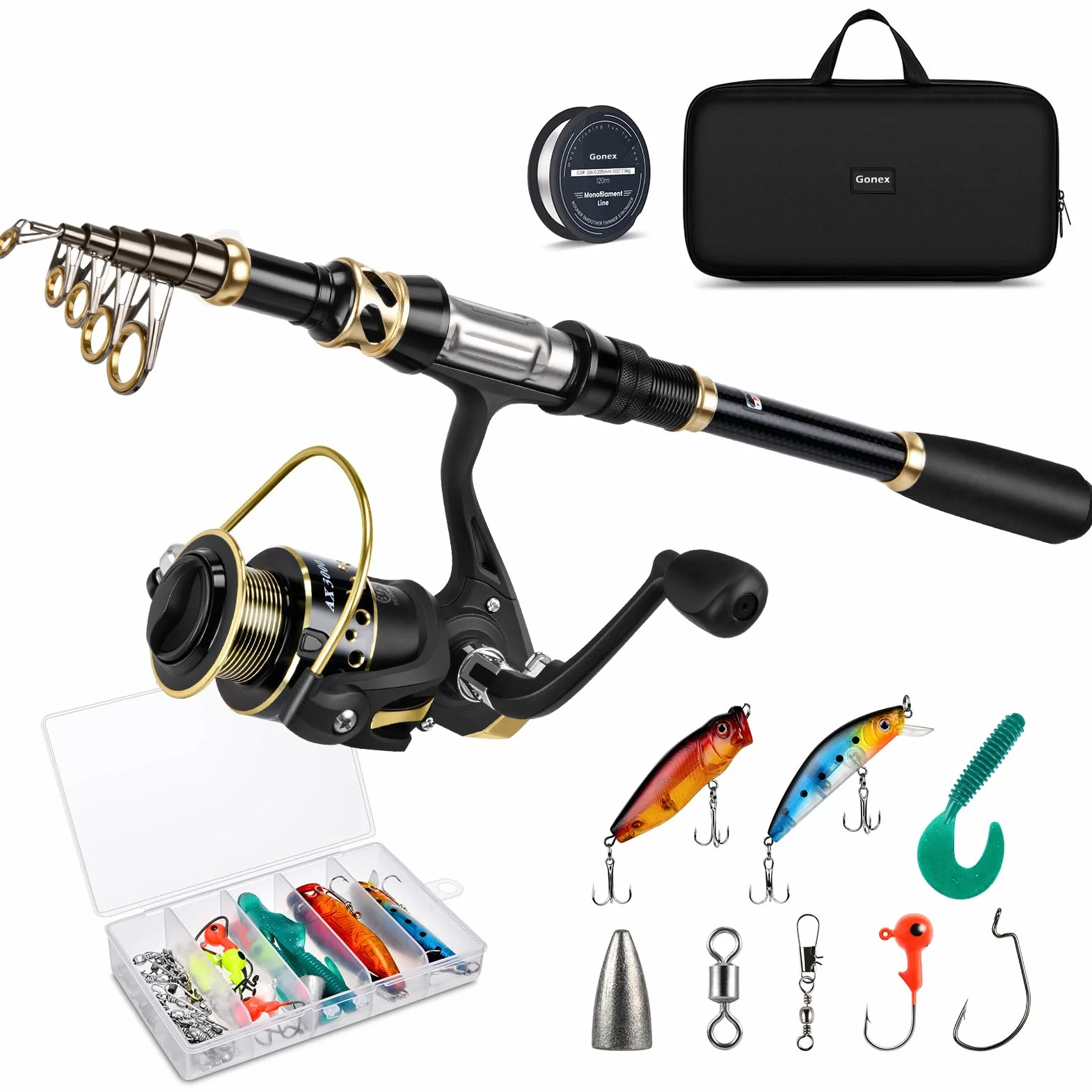 Gonex Ensemble de Canne à Pêche Télescopique et Moulinet avec Ligne de Pêche, Kit de Leurres de Pêche et Sac de Transport pour l'eau Douce ou La Mer Salée, 4 Tailles Disponibles
