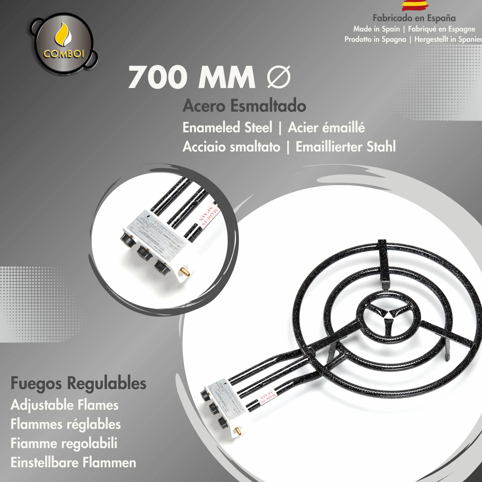 COMBOI Réchaud à paella à gaz butane de 70 cm, brûleur à 3 poignées indépendantes pour l'extérieur, compatible avec gaz butane et propane, fabriqué en Espagne, inclut un livre de recettes numérique