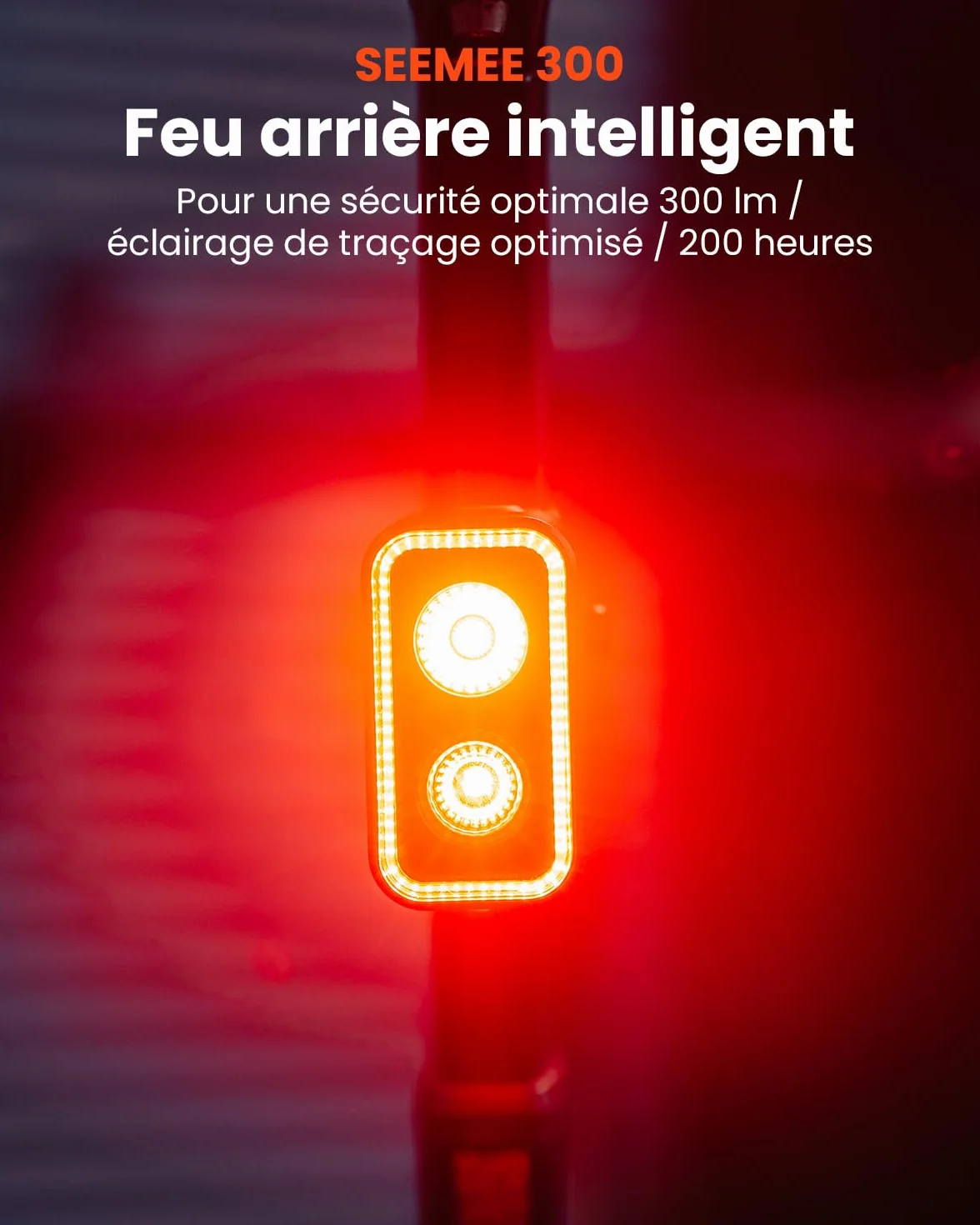 Feu arrière de vélo SEEMEE 300, 300 lumens, 5 Modes Nuit et Jour, capteur de freinage Intelligent, étanche IPX6, Rechargeable par USB-C, pour la Conduite de Nuit